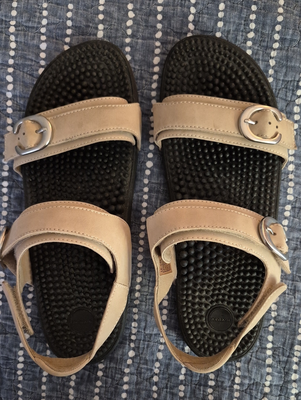 Kenkoh Beige Strap Women’s Sandals Size 11 with Silver Buckles